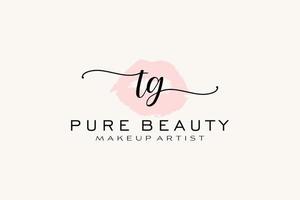 vorgefertigtes Logo-Design mit anfänglichen tg-Aquarelllippen, Logo für Make-up-Künstler-Business-Branding, errötendes Beauty-Boutique-Logo-Design, Kalligrafie-Logo mit kreativer Vorlage. vektor