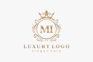 första mi brev kunglig lyx logotyp mall i vektor konst för restaurang, kungligheter, boutique, Kafé, hotell, heraldisk, Smycken, mode och Övrig vektor illustration.
