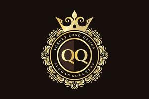 qq första brev guld calligraphic feminin blommig hand dragen heraldisk monogram antik årgång stil lyx logotyp design premie vektor