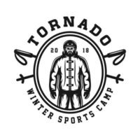 årgång retro vinter- sport åka skidor snowboard eller äventyr emblem, logotyp, bricka, märka. märke, affisch eller skriva ut. svartvit grafisk konst. gravyr träsnitt stil. vektor