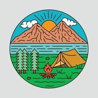 Camping mit Blick auf den Fluss und die Berge grafische Illustration Vektorgrafiken T-Shirt-Design vektor