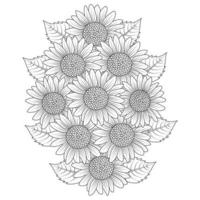 Sonnenblumen-Vektor-Umriss-Malseite mit blühenden Blütenblättern und Blättern, Blumenillustration vektor