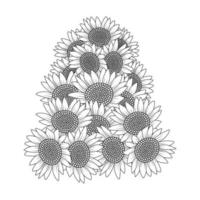 Sonnenblumen-Vektor-Umriss-Malseite mit blühenden Blütenblättern und Blättern, Blumenillustration vektor