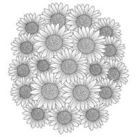 Sonnenblumen-Vektor-Umriss-Malseite mit blühenden Blütenblättern und Blättern, Blumenillustration vektor