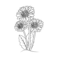 schöne Blumen der Gerbera-Gänseblümchen-Malseitenzeichnung, die in der Vektorgrafik der Strichzeichnungen detailliert sind vektor