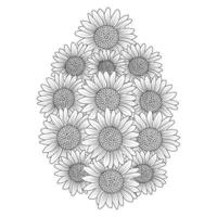 Sonnenblumen-Vektor-Umriss-Malseite mit blühenden Blütenblättern und Blättern, Blumenillustration vektor