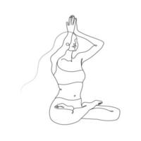 kvinna håller på med yoga övning kontinuerlig ett linje vektor illustration minimalism stil. de mediterar kvinna är Sammanträde i de lotus placera. de begrepp av yoga, fred av sinne, esoterisk praxis.