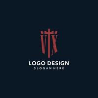 vx första monogram logotyper med svärd och skydda form design vektor