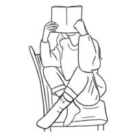 Strichzeichnungen minimal von einer Frau, die ein Buch liest, in handgezeichnetem Konzept für die Dekoration, Doodle im zeitgenössischen Stil vektor