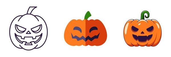Halloween-Elemente. Der Vektor-Icon-Satz von Kürbis wird in Linien-, Flach- und Cartoon-Stilen gezeichnet. Perfekt für Apps, Bücher, Artikel, Geschäfte, Geschäfte, Anzeigen vektor