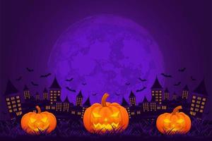 halloween bakgrund mall med slott, pumpa och måne vektor, halloween bakgrund för försäljning befordran, baner, affisch, social media, utfodra, inbjudan, händelse, tapet i lila Färg vektor