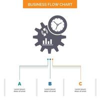 Geschäft. Ingenieurwesen. Management. Prozess-Business-Flow-Chart-Design mit 3 Schritten. Glyphensymbol für Präsentationshintergrundvorlage Platz für Text. vektor