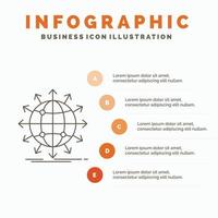 globus, netzwerk, pfeil, nachrichten, weltweite infografikvorlage für website und präsentation. Linie graues Symbol mit orangefarbener Infografik-Stil-Vektorillustration vektor