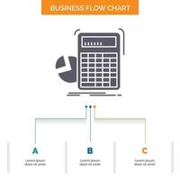 Taschenrechner, Berechnung, Mathematik, Fortschritt, Diagramm-Business-Flussdiagramm-Design mit 3 Schritten. Glyphensymbol für Präsentationshintergrundvorlage Platz für Text. vektor