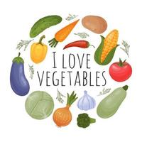 grönsaker i runda form. gurka, tomat, lök, vitlök, peppar, kål, potatis, äggplanta, morot, majs, squash, broccoli. mat vektor illustration. isolerat på vit. tecknad serie stil.