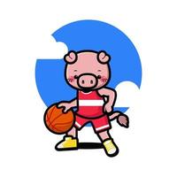 glückliches süßes schwein, das basketball spielt vektor