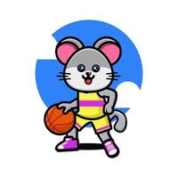 Lycklig söt mus spelar basketboll vektor