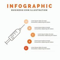 spruta. injektion. vaccin. nål. skott infographics mall för hemsida och presentation. linje grå ikon med orange infographic stil vektor illustration