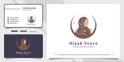 hijab logotyp design för muslim kvinnor med kreativ begrepp och företag kort mall vektor