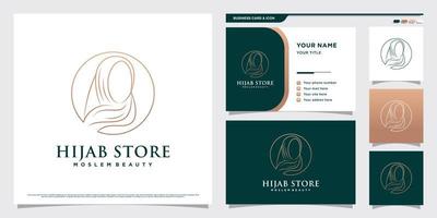 hijab kvinnor logotyp design med linje konst stil och företag kort mall vektor