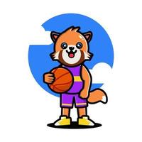 glücklicher süßer roter panda, der basketball spielt vektor
