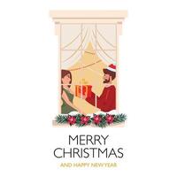 karikaturillustration mit einem paar, das weihnachten feiert. Mann im Fenster, der seiner Frau eine Geschenkbox gibt. weihnachtsfeierillustration mit einem mann und einer frau. Blick aus dem Fenster. vektor