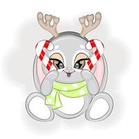 jul söt kanin med ren horn och godis, vektor illustration