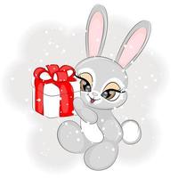 jul söt kanin med en gåva, vektor illustration