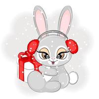 jul söt kanin i päls hörlurar med en gåva, vektor illustration