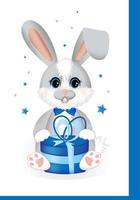 alles gute zum geburtstag postkarte. süßes kleines kaninchen oder hase, das mit geschenk sitzt. vektor