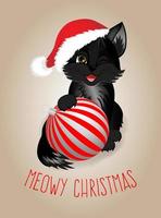 hälsning vykort. Lycklig ny år och glad jul med svart katt och jul boll. vektor