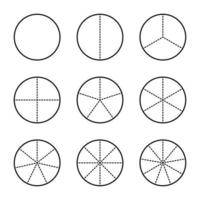 Bruchkreis-Liniendiagramm-Symbol. Verhältnis und einige lineare Vektorsymbole. Die runde Form eines Kuchens oder einer Pizza wird in gleichmäßige Scheiben mit gepunkteten Linien geschnitten. lineare Darstellung eines einfachen Geschäftsdiagramms. vektor