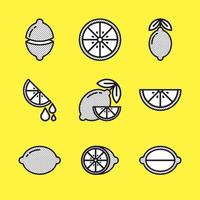 Zitronen-Icon-Set. minimalistisches Umrisssymbol mit gepunkteter Füllung, gelber Hintergrund. einfacher flacher Vektor von frischem Obst. Limette, Limonade, Orangen, Zitrusfrüchte und Blätter. verschiedene Formen von ganzen Objekten und Scheiben