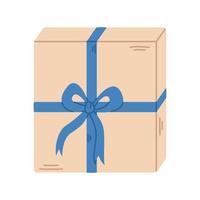 Vektor beige Geschenkbox. Geschenk mit blauem Band und Schleife. Geschenk für Weihnachten, Geburtstag oder andere Feierlichkeiten.