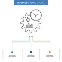 Geschäft. Ingenieurwesen. Management. Prozess-Business-Flow-Chart-Design mit 3 Schritten. Liniensymbol für Präsentation Hintergrundvorlage Platz für Text vektor