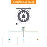 Geschäft. Ausrüstung. Management. Betrieb. Prozess-Business-Flow-Chart-Design mit 3 Schritten. Glyphensymbol für Präsentationshintergrundvorlage Platz für Text. vektor