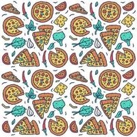 vektor sömlös mönster av hand dragen färgrik pizza, isolerat på vit bakgrund