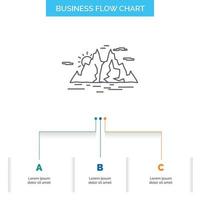 Natur. hügel. Landschaft. Berg. Wasser Business Flow Chart Design mit 3 Schritten. Liniensymbol für Präsentation Hintergrundvorlage Platz für Text vektor