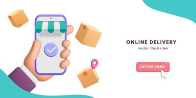 3D-Vektor-Online-Shopping und schneller Lieferservice auf mobiler App mit Smartphone-Banner vektor