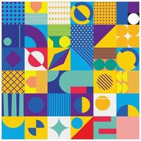 Texturhintergrunddesign mit geometrischem Muster in hellen Farben. Geometrietapeten aus Quadraten, Kreisen, Dreiecken, Rechtecken und mehr. einzigartige einfache und flache Tapete vektor