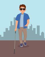 Junger blinder Mann mit dunkler Brille, der mit einem Stockstock auf der Straße geht vektor