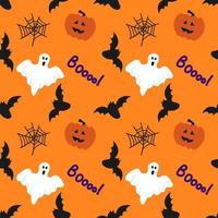 Nahtloses Muster mit Geistern, Fledermäusen, Kürbissen, Netz auf orangefarbenem Hintergrund für Halloween. vektor
