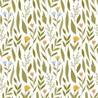 botanisches nahtloses muster mit wiesenblumen, blättern und zweigen. vektorillustration im handgezeichneten flachen stil. Perfekt für Dekorationen, Tapeten, Geschenkpapier, Stoff. Blumenhintergrund. vektor