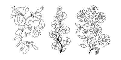 uppsättning av blommig linje konst hand dragen enkel blomma färg sidor för barn och vuxen vektor