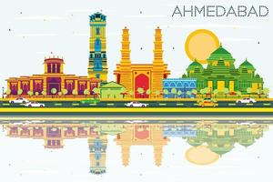 ahmedabad skyline mit farbigen gebäuden, blauem himmel und reflexionen. vektor