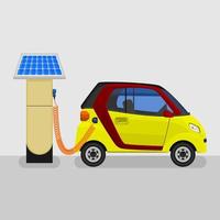 bearbeitbare Seitenansicht Solarenergie Elektroauto Ladevektorillustration für futuristische umweltfreundliche Fahrzeugindustrie und Kampagne für grünes Leben oder erneuerbare Energien vektor