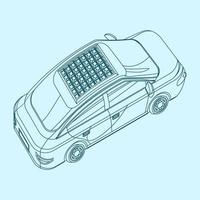 redigerbar översikt stil vektor illustration av trekvart topp sned sida tillbaka se elektrisk bil med sol- panel för trogen miljövänlig fordon och grön liv eller förnybar energi kampanj