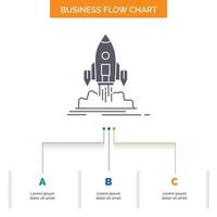 Start, Mission, Shuttle, Startup, Veröffentlichung des Business-Flow-Chart-Designs mit 3 Schritten. Glyphensymbol für Präsentationshintergrundvorlage Platz für Text. vektor