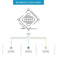 Komplexes, globales, Internet-, Netz-, Web-Business-Flussdiagramm-Design mit 3 Schritten. Liniensymbol für Präsentation Hintergrundvorlage Platz für Text vektor