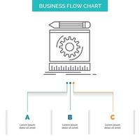 Entwurf. Ingenieurwesen. Prozess. Prototyp. Prototyping-Business-Flow-Chart-Design mit 3 Schritten. Liniensymbol für Präsentation Hintergrundvorlage Platz für Text vektor